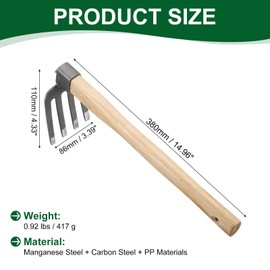 HARFINGTON Hand Cultivator 15" x 4.33" Steel Mini Rake Anti-Rust with Non-Slip Wooden Handle Garden Edger Weeder Garden Shovel for Backyard Loosening Soil Planting Weeding