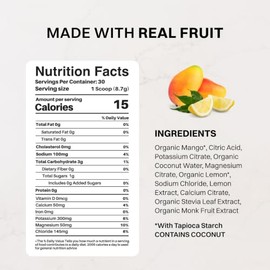 JUST INGREDIENTS Bebida electrolítica de limonada de mango - Agua de coco, sal marina, oligoelementos - 30 porciones