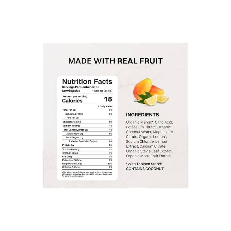 JUST INGREDIENTS Bebida electrolítica de limonada de mango - Agua