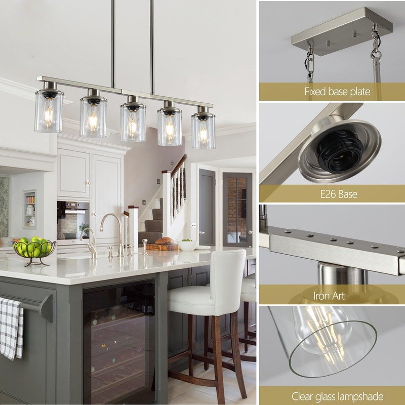 YIHANTLZ Industrial Linear Pendant Light, 5-Light Black Kitchen Island Chandelier