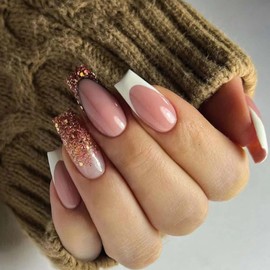 YoYoee Long Coffin False Nails French Press on Nails Bling Fake Nails Acrylic Ballerina Nails Tips for Women and Girls 24PCS