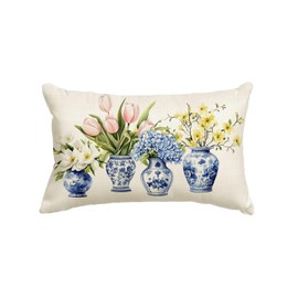 AVOIN colorlife Blue and White Porcelain Vase Chinoiserie Throw Pillow Cover, 12 x 20 Inch Christmas Spring Flowers Tulip Hydrangea Cushion Case for Sofa Couch