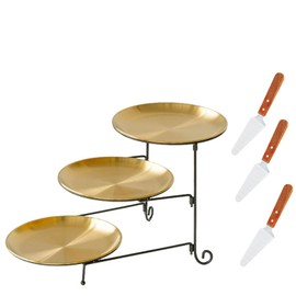 bangminda 7 Pcs Pizza Pan Riser Stand Set, 3-Tier Display Stand with 3 Stainless Steel Pizza Pans and 3 Wood Handle Knives for Tables, Party, Restaurant (gold)