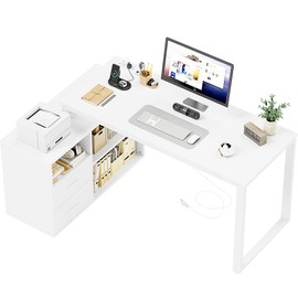 Homall L Shaped Desk with Drawers&Shelves, 55'' Corner Computer Desk with Power Outlets, Reversible PC Table with Storage File Cabinet for Home Office Studying Writing Gaming Workstation (White)