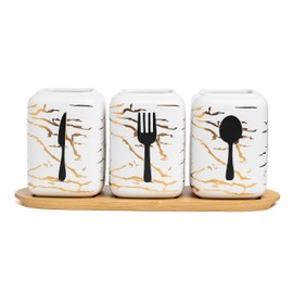 Faidely 3 Pieces Ceramic Utensil Holder with Wooden Tray for Kitchen Countertop, Silverware Caddy for Table, Silverware Holder, White