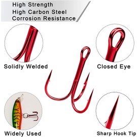 120Pcs Classic Treble Hooks Strong Sharp Round Bend Fishing Hooks High Carbon Steel Triple Barbed Fish Hooks for Fishing Lures Baits Size 1 2 4 6 8 10 12 14
