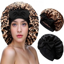 Faux Silk Stretch Leopard Print Sleeping Hair Cap with Ribbon Bow and Wide Band Gold 4ea