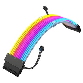J&D 24 Pin RGB PSU Cable, White Aluminum Foil Braided Wire, Ribbon Fiber Optic Design with 24 LED Beads, Durable and RGB Power Extension Cable for 5V 3-pin argb Header