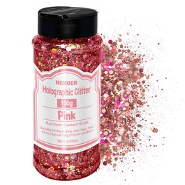 HEMOER 100g Holographic Glitter, Cosmetic Mixed Hexagon Chunky & Fine Craft Glitter Resin Sequins for Epoxy Glass, Resin Art, Body, Hair, Face, Nail, Slime, Tumblers, Festival Party - Pink
