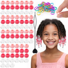 90Pcs Small Silicone Beads for Hair, 8 * 10 mm Soft Pink Mix Colors Pony Silicone Hair Beads for Braids with 50 Rubber Bands and 1 Beader for Braiding, DIY Bracelets Necklaces Crafts