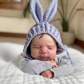 TERABITHIA 19 Inches Realistic Reborn Baby Doll Full Body Vinyl Lifelike Collectible Sleeping Newborn Hand Rooted Hair Boy Dolls with Gray Hooded Outfit & Knit Bunny