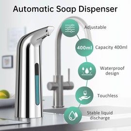 Summon The Elves 13.53 oz/400 ml Automatic Liquid Soap Dispenser with Infrared Sensor,Adjustable Hand Sanitizer Pump, Battery Operated Soap Dispenser for Bathroom,Kitchen Sink (Silver)