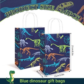 Sanixin 16 Sheets Dinosaur Party Paper Gift Bags with Dark Blue Tissue Paper Cartoon Dinosaur Party Favor Bags for Birthday Baby Shower Party Decor
