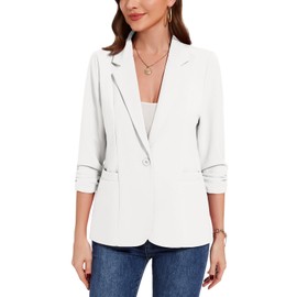 MINTLIMIT Women's White 3/4 Ruched Sleeve Blazer One Button Notch Lapel Front Lined Lightweight for Work Wear (White S)