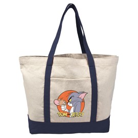 Tom and Jerry Characters Canvas Tote Bag With External Pocket, Reusable Shoulder Bag for Shopping, Beach, Navy