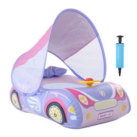 Baby Inflatable Swimming Float Car Shape Ride On Pool Float with Horn and Sunshade for 1 to 4 Years Old Toddlers Pink