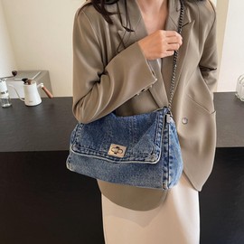 Farcauo Denim Shoulder Purses for Women Jean Crossbody Bags Large Capacity Shoulder Bag Blue Retro Tote Bags Denim Flap Handbag with Chain Strap Women's Satchel Bag Y2k Washed Denim Purse