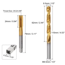 sourcing map Tap & Drill Bit Set, 3/8-24 UNF Straight Flute Thread Tap and 1/3" (8.5mm) Twist Drill Bit, Titanium Coated M2 High Speed Steel Thread Repair Tapping Tools