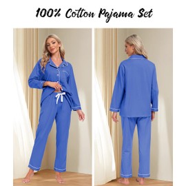 ANLIQI 100% Cotton Pajamas for Women Button Down Pajamas Long Sleeve Top & Pant Sleepwear Loungewear Pj Set with Pocket, Blue, Small