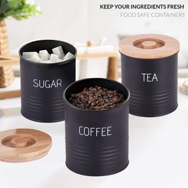 KAFINO Set of Kitchen Canister Metal Food Storage Tin With Bamboo Lid for Coffee Sugar tea Container set Kitchen organizers Counter Decor Jar HOLDS 25oz