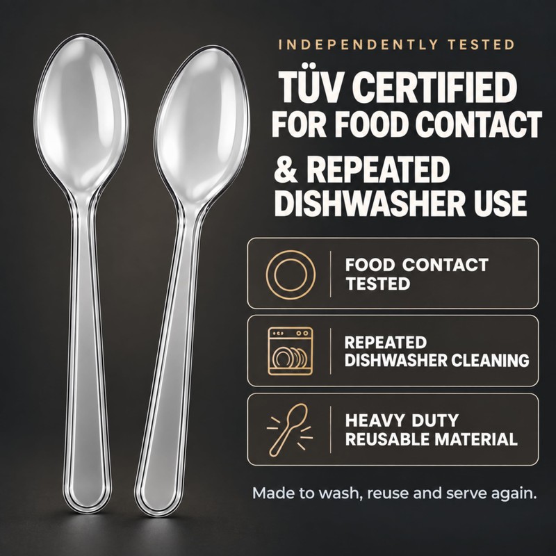 100 Pack Heavy Duty Clear Spoons – Re-usable & Dishwasher
