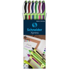 Schneider Xpress Premium Fineliner, 0.8 mm Porous Point, Light Green Barrel, Assorted Ink Colors, Wallet of 6 Pens: Black, Red, Blue, Green, Violet, Pink (190086)