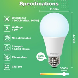 DEGNJU 100W Equivalent A19 5000K Daylight LED Light Bulbs, 1500 Lumens, E26 Base, Non-Dimmable, 13W Bright White for Bedroom Home Office, 3 Pack