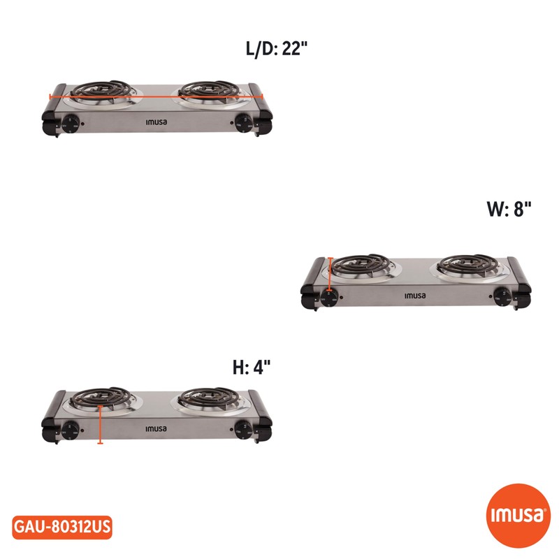 Imusa USA GAU-80312US Electric Double Burner 1750-Watts, Stainless Steel, Silver