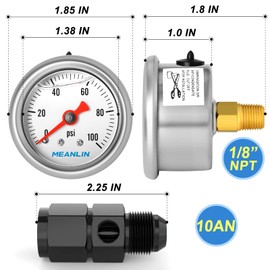 MEANLIN MEASURE 0-100 Psi Stainless Steel Glycerin Filled Fuel Pressure Gauge, 1/8" NPT, 1.5" Face Dial, with 10AN Fuel Pressure Take Off Fitting