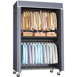 FUTASSI Black Clothing Rack with Grey Cover, P1C Rolling Closets with Wheels, Metal Garment Rack for Hanging Clothes, Clothing Storage Wardrobe, 36.2" W x 16.5" D x 80.5" H, Load 450 Pounds