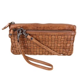 Bear-Design Women's Shoulder Bag Purse (20/12/2 cm) with Wrist Strap Braided Washed Leather and Loop Set, Cognac