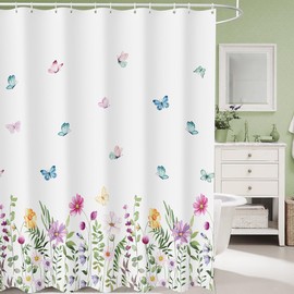 SASTYBALE Spring Summer Shower Curtain with Hooks Wild Flowers Plants Floral Butterfly Waterproof Thick Fabric Bathtub Shower Curtains for Bathroom, Hotel, 72 x 84 Inch Colorful