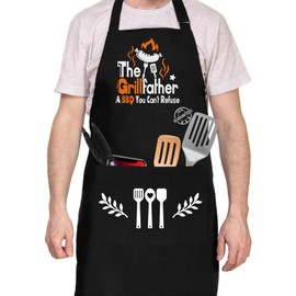 BBQ Grill Apron for Men, Funny Cooking Aprons with Pockets, Adjustable Chef Apron, Birthday, Thanksgiving, Christmas Retirement Gifts for Men, Husband, Dad, Grandad, Grandpa(The Grill Father)