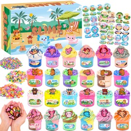 WUJYLY 24 Pack Slime Kit – Soft & Non-Sticky Butter, Cloud & Crystal Slime – 12 Axolotl, 6 Highland Cow, 6 Capybara Charms – DIY Slime Toys for Kids, Stress Relief, Party Favors, Gifts