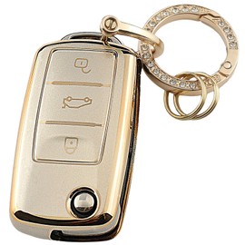 QIULIFAN Key Cover for VW Polo Golf4/5/6 Beetle Jetta Passat Tiguan T5 Bora Multivan Skoda Fabia MK6 Superb 3-Button TPU Key Case with Key Ring, Gold