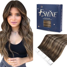 Fshine Real Hair Tape-in Hair Extensions, Colour Balayage 2 Dark Brown with 6 Medium Brown and 2 Dark Brown, 20 Pieces, Tape in Extensions, Straight, 30 cm, 30 g