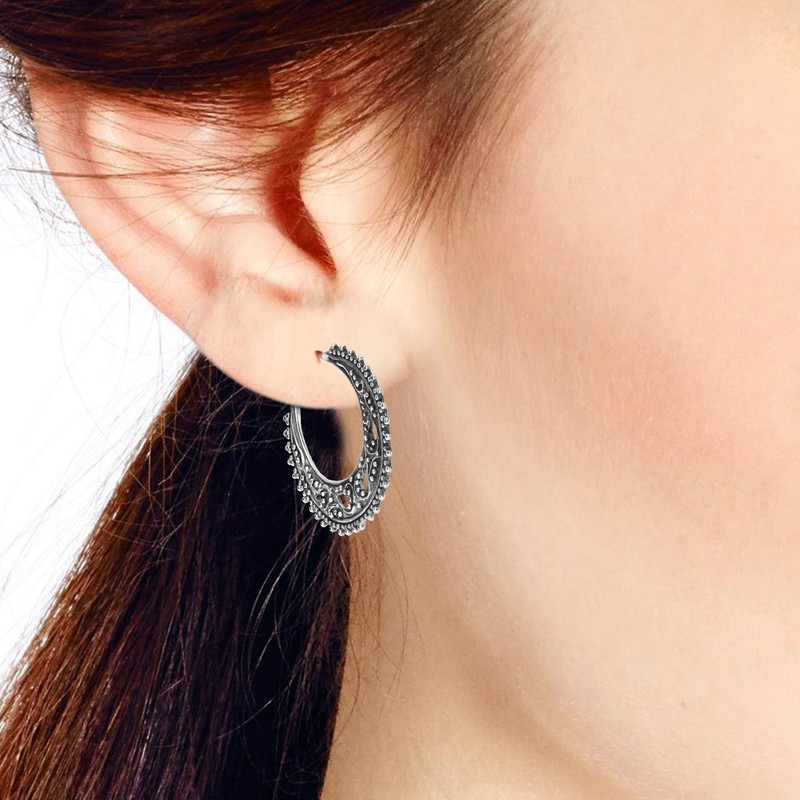 Celestial Vintage Style Crescent Moon .925 Sterling Silver Half Hoops