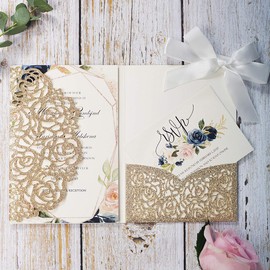 20PCS Tri-fold Laser Cut Wedding Invitations Cards with RSVP Cards for Wedding Bridal Shower Engagement Birthday Invite (Gold Glitter)