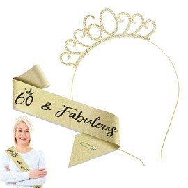 60th Birthday Sash with Crystal Tiara Crown - Gold (Perfect for Birthday Decorations, and Party Accessories)(COLOR:Gold)