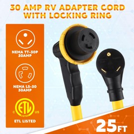 Kanayu 25ft 30 Amp RV Adapter RV Extension Cord with Locking Connector Plug NEMA TT-30P to L5-30R, Generator Extension Power Cord Adapter Plug with 90° Grip Handle, 10AWG/3C STW, ETL Listed