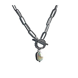 Chunky Gold Chain T-Bar Necklace with Pearldrop Pendant/Toggle Necklace (Silver 18 inch)