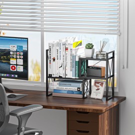 Yelinkws Desktop Shelf Organizer,Small Bookshelf for Office,Wood Desk Top Shelves, Office Organization and Storage-Black