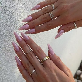 30Pcs Almond False Nails - French Tip Natural Pink Style - Medium Length Glossy Full Cover Press On Nails - Natural Full Cover Acrylic Oval Stick on Nails Reusable for Women and Girls
