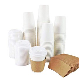 White Paper Cups for Hot Drinks | Coffee Cups with White Thru Lids and Sleeves 8oz (227ml) (500)