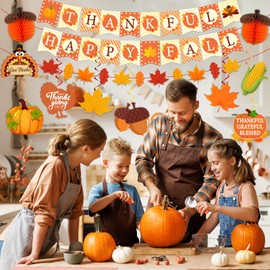 Thanksgiving Decorations, Thankful Happy Fall Banner Happy Thanksgiving Hanging Swirls and Pumkin Honeycomb Balls, Turkey Maple Leaves Swirls for Indoor Outdoor Home Office Fall Autumn Harvest Party