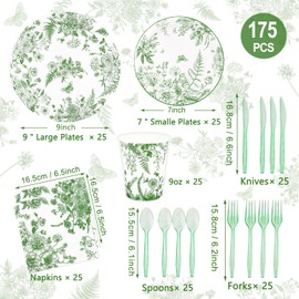 FULJOOY 200 Pieces Green & White Floral Party Supplies 7“ 9 Inch Disposable Elegant Flower Paper Plates Napkins Cups Tableware for Wedding Engagement Baby Shower Birthday Party Chinoiserie Decoration