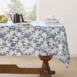 Aoztio Rustic Floral Rectangle Tablecloth 55 × 102 Inch, Machine Washable Cotton Linen Farmhouse Decor Table Cloth, Indoor Outdoor Vintage Table Cover for Daily Use - Blue Flower, 55 × 102 Inchs