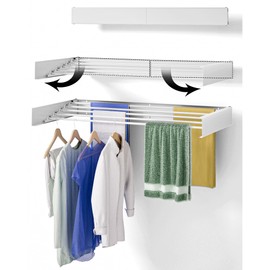 Wall Mounted Drying Rack 40",Laundry Drying Rack Collapsible, Retractable Clothes Drying Rack, 5 Aluminum Rods, 60 lb Capacity, with Wall Template, Screw, Drill Bit (White 40" Large)