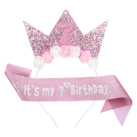 Birthday Crown It's My Birthdays Sash 4/5/7th Birthday Decorations for Girls, 4/5/7 Year Old Pink Birthdays Girl Sash and Tiara Outfit Glitter Flower Princess Crown Headband for Party (Number 7)