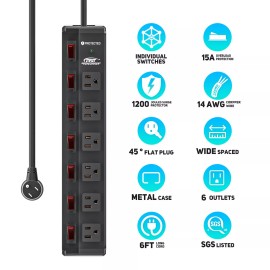 CRST 6 Outlet Metal Power Strip-Individual Switches, Surge Protector Power Strip